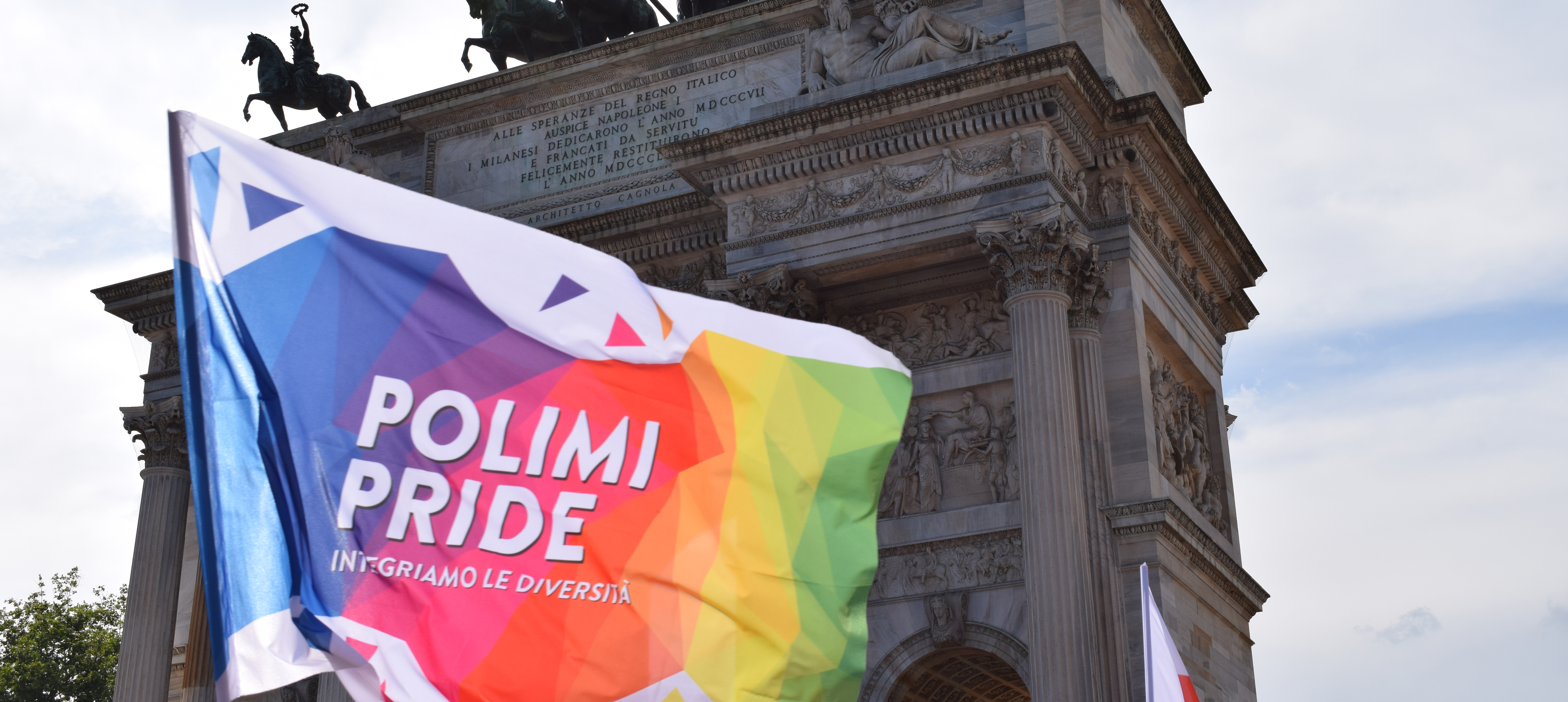 Polimi Pride flag at Arco della Pace during 2021 Milano Pride