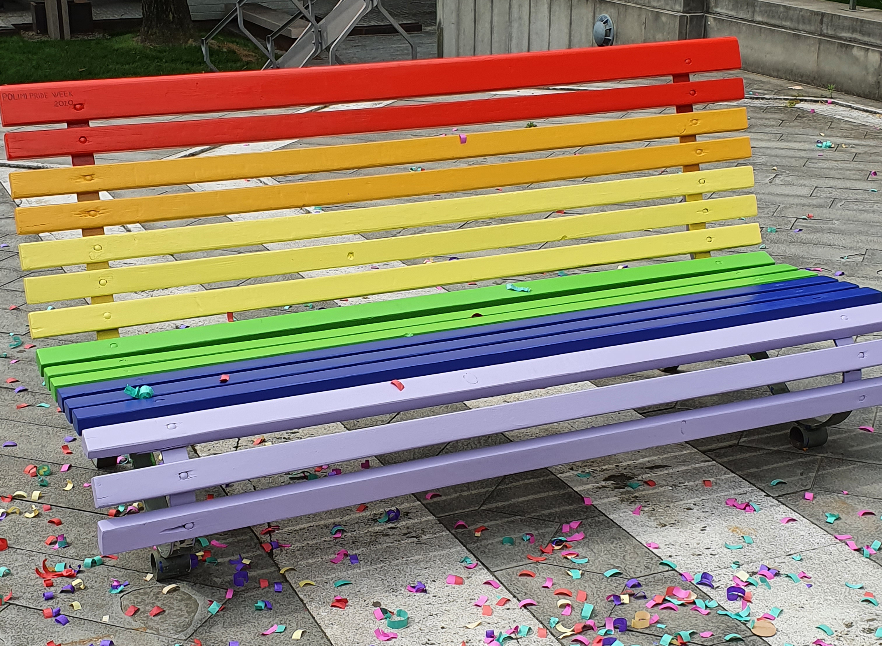 The rainbow bench painted for PoliMi Pride Week 2020